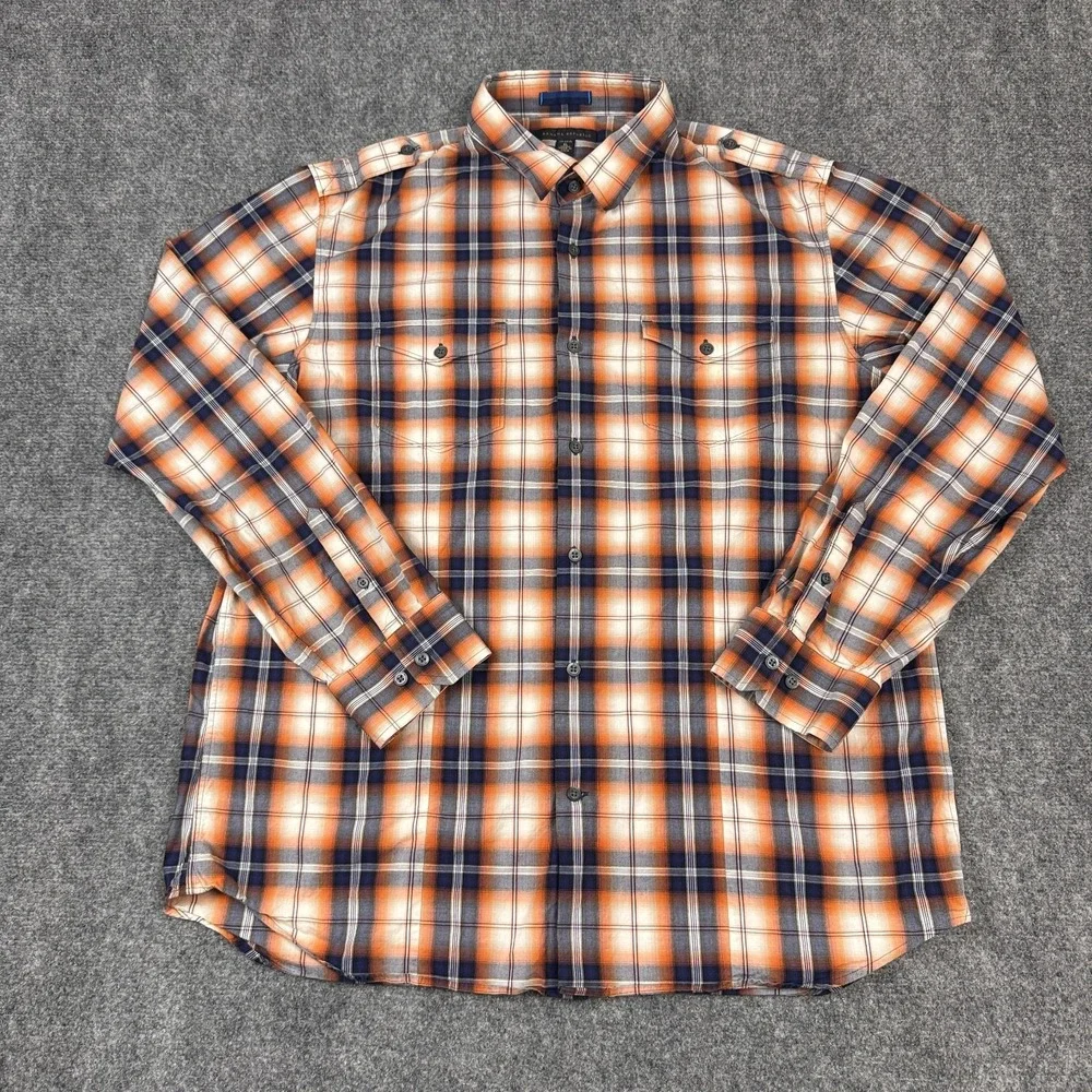 Banana Republic Ombre Plaid Utility Shirt Men's XL 17-17.5 Orange Blue Cotton
